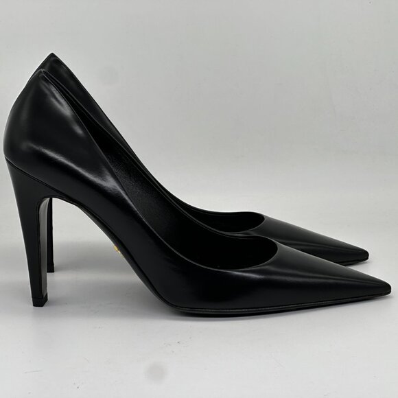 PRADA Triangle Show Leather Pointed Toe Pumps Heels Shoes Black - Picture 8 of 15